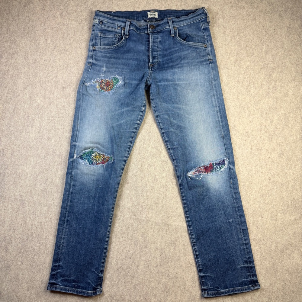Citizens of Humanity Emerson Slim Boyfriend Jeans 28 Blue Distressed Embroidery